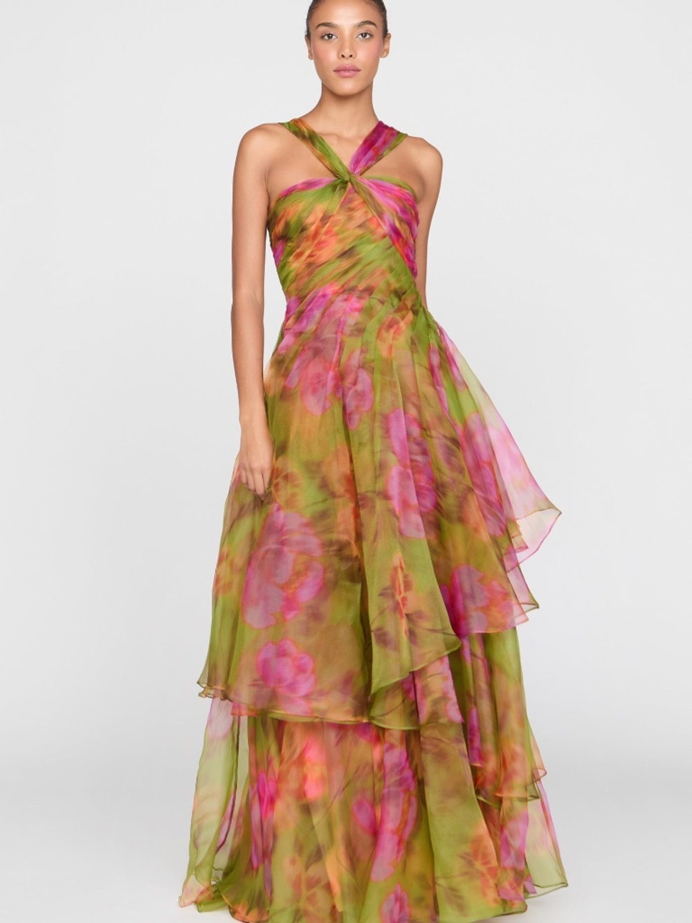 Theia Rosalinda Twisted Halter Gown Camilia Pop Size 4 NWT